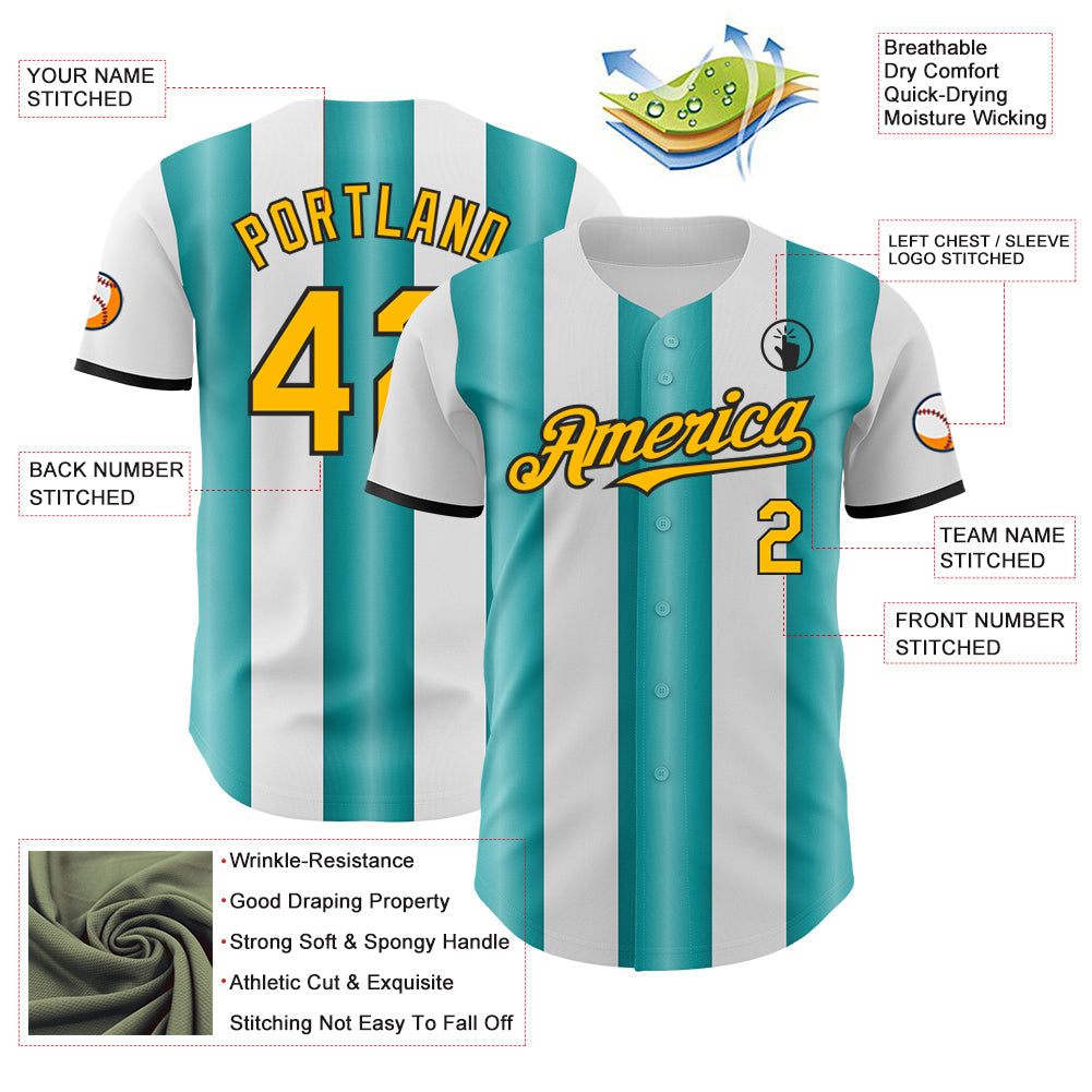 Custom White Gold Teal-Black Gradient Vertical Stripe Argentina Style Authentic Baseball Jersey view 3
