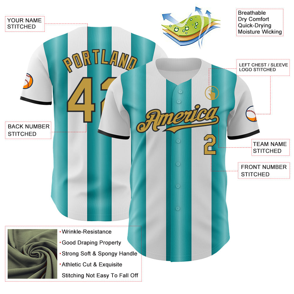 Custom White Old Gold Teal-Black Gradient Vertical Stripe Argentina Style Authentic Baseball Jersey view 3