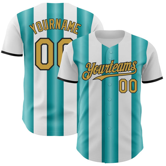 Custom White Old Gold Teal-Black Gradient Vertical Stripe Argentina Style Authentic Baseball Jersey - Main View