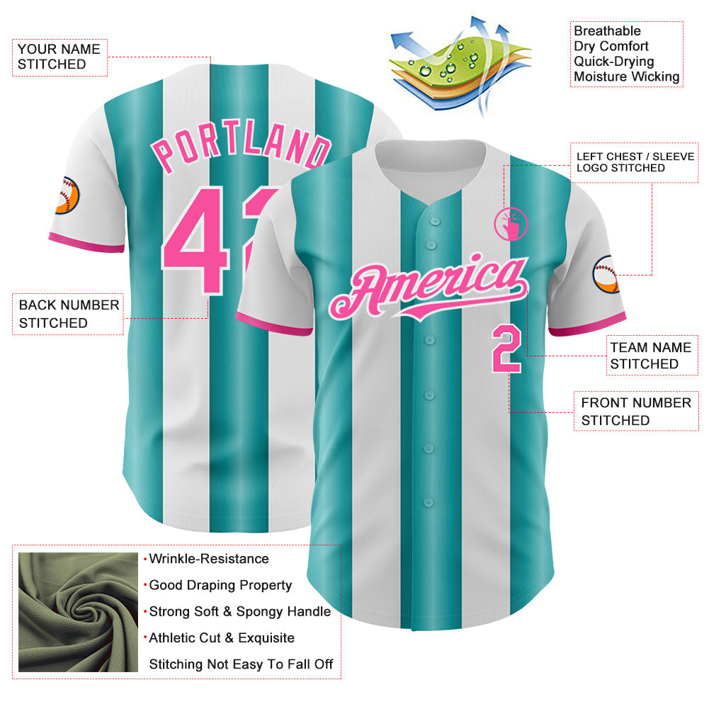 Custom White Pink-Teal Gradient Vertical Stripe Argentina Style Authentic Baseball Jersey view 3