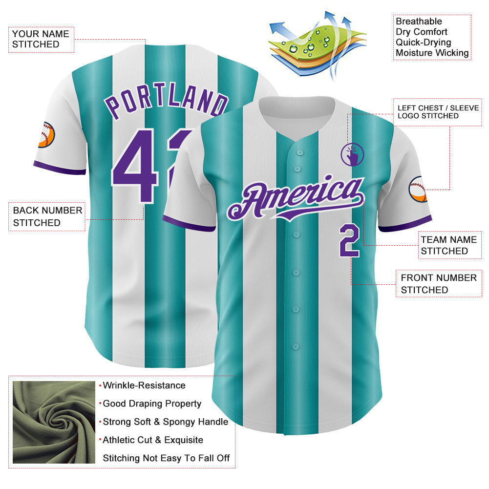 Custom White Purple-Teal Gradient Vertical Stripe Argentina Style Authentic Baseball Jersey view 3