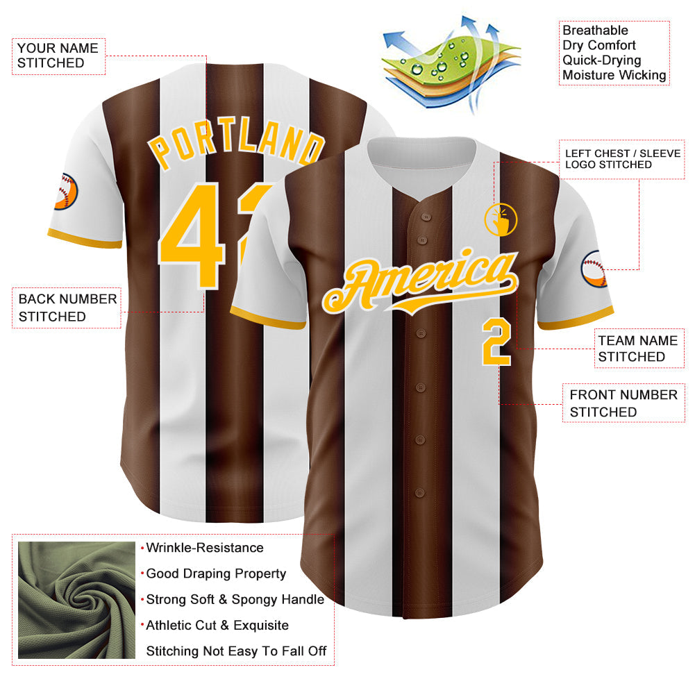 Custom White Gold-Brown Gradient Vertical Stripe Argentina Style Authentic Baseball Jersey view 3