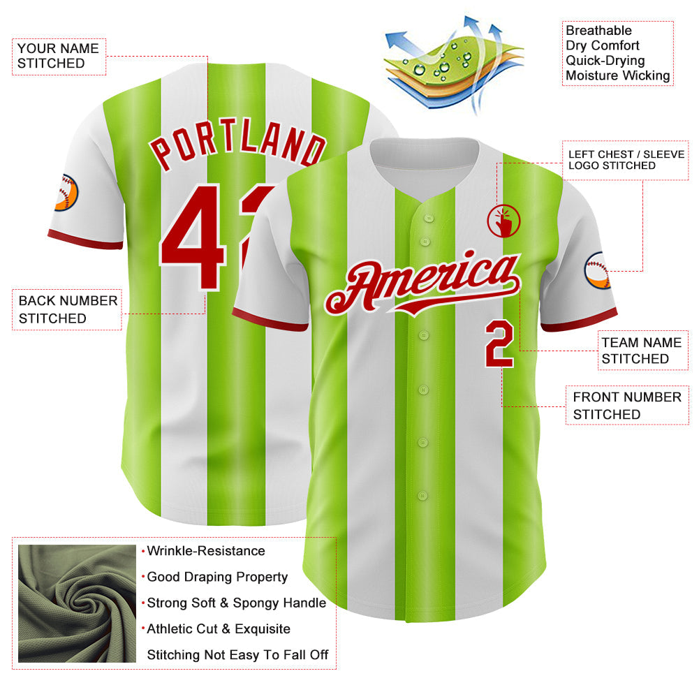 Custom White Red-Neon Green Gradient Vertical Stripe Argentina Style Authentic Baseball Jersey view 3