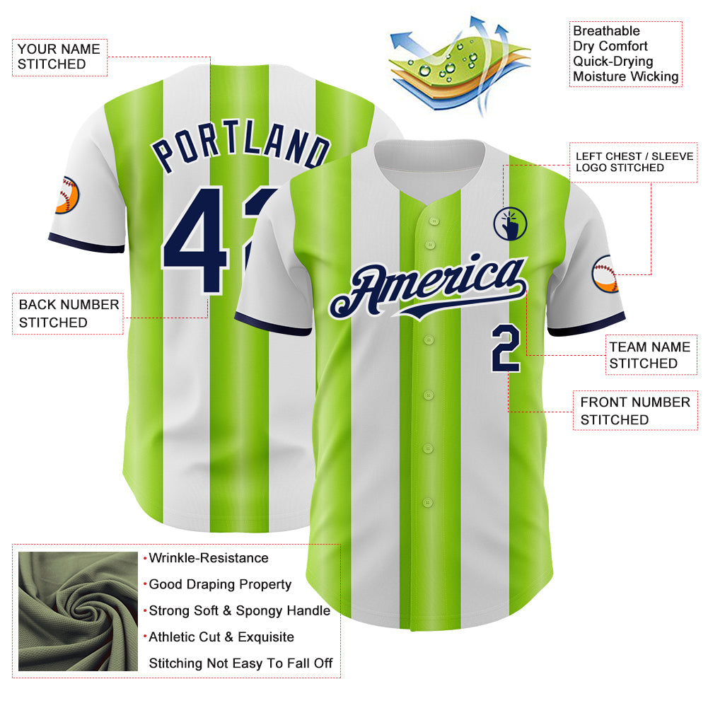 Custom White Navy-Neon Green Gradient Vertical Stripe Argentina Style Authentic Baseball Jersey view 3