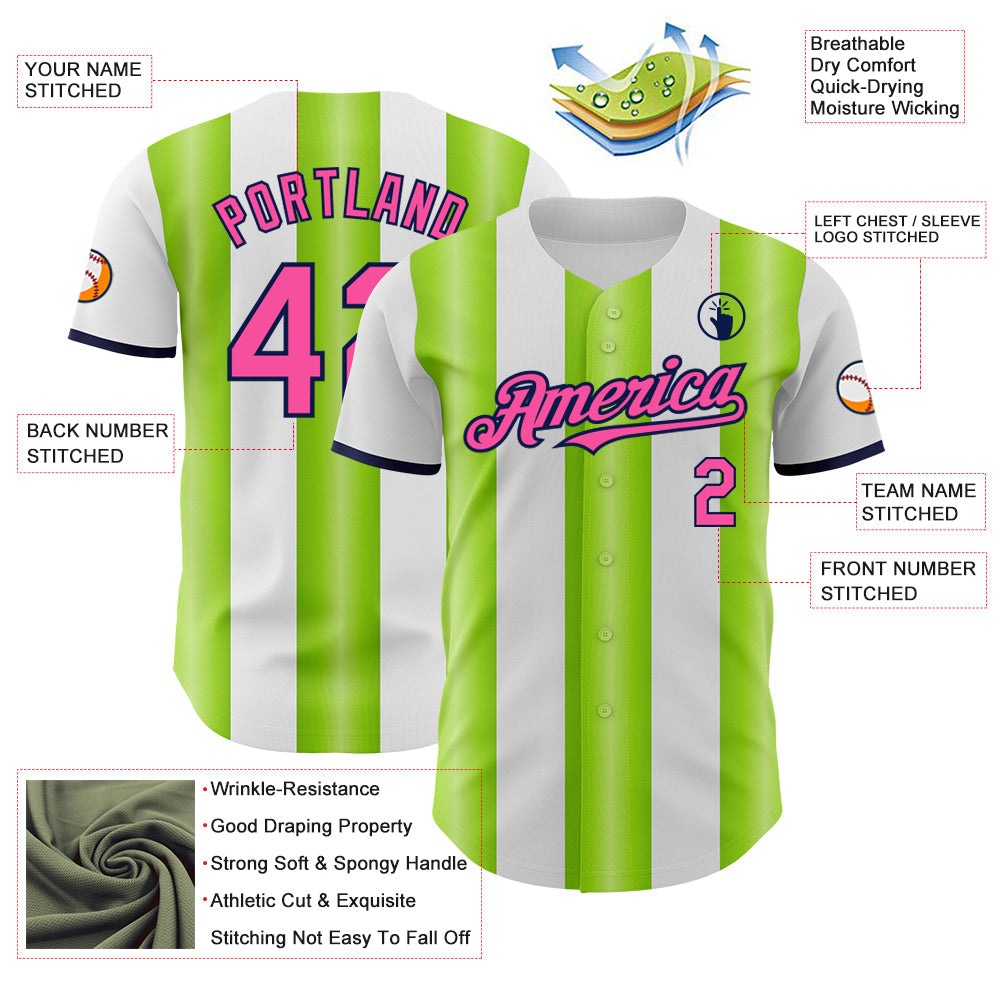 Custom White Pink Neon Green-Navy Gradient Vertical Stripe Argentina Style Authentic Baseball Jersey view 3