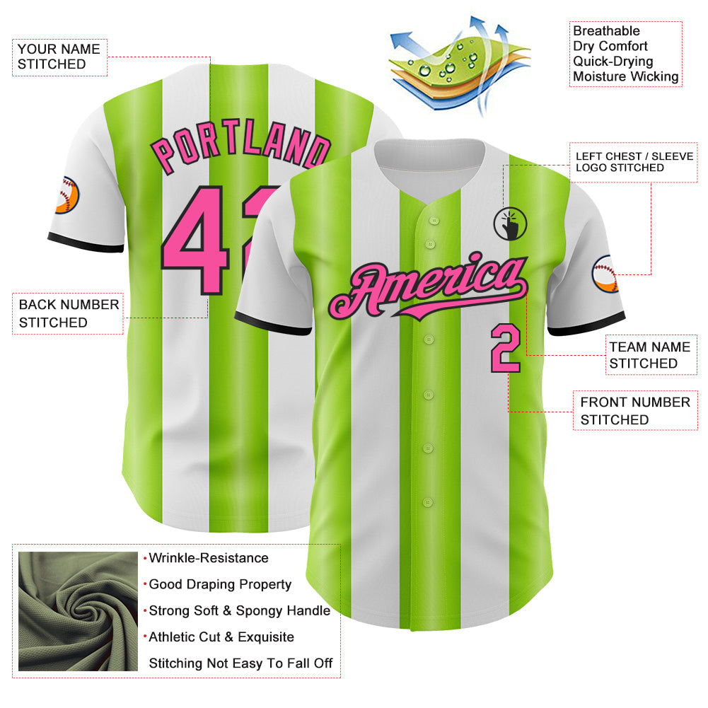 Custom White Pink Neon Green-Black Gradient Vertical Stripe Argentina Style Authentic Baseball Jersey view 3