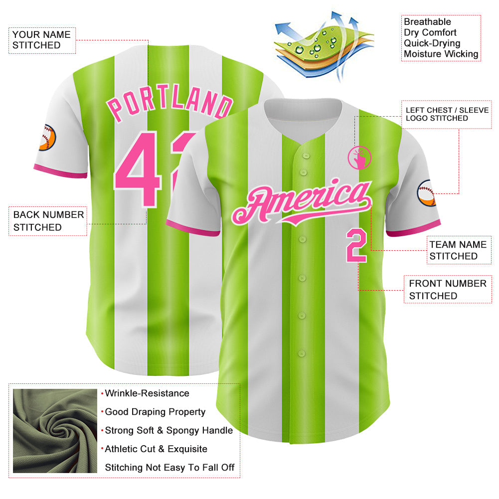 Custom White Pink-Neon Green Gradient Vertical Stripe Argentina Style Authentic Baseball Jersey view 3