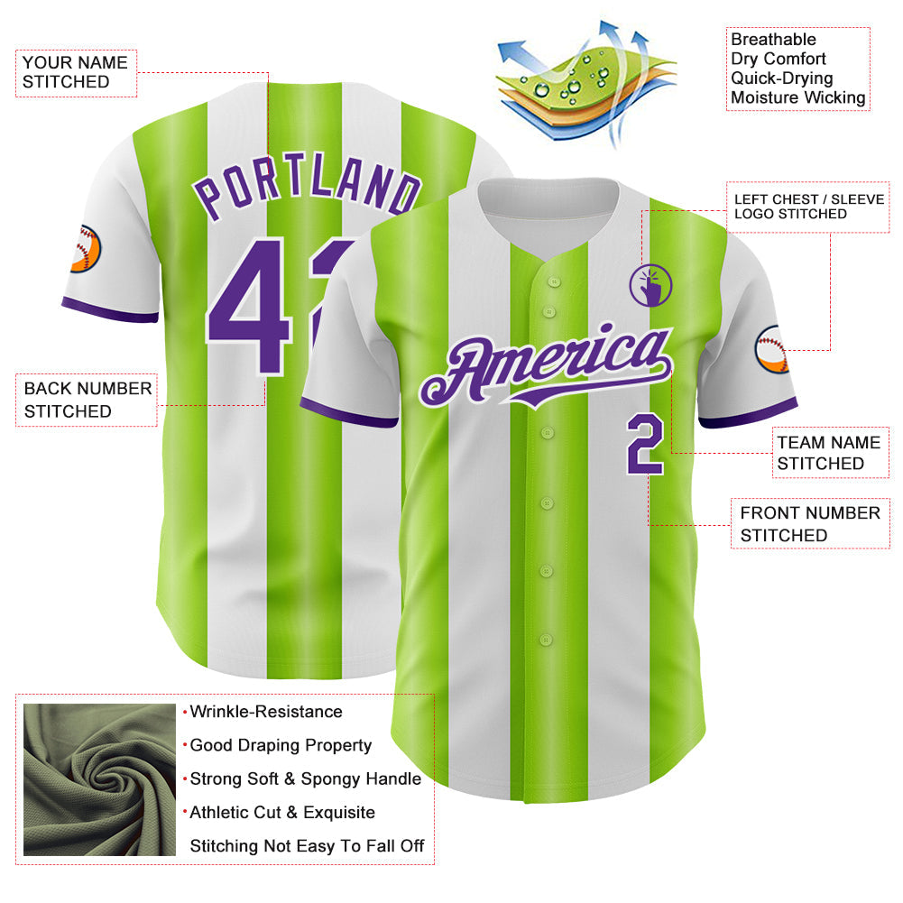 Custom White Purple-Neon Green Gradient Vertical Stripe Argentina Style Authentic Baseball Jersey view 3