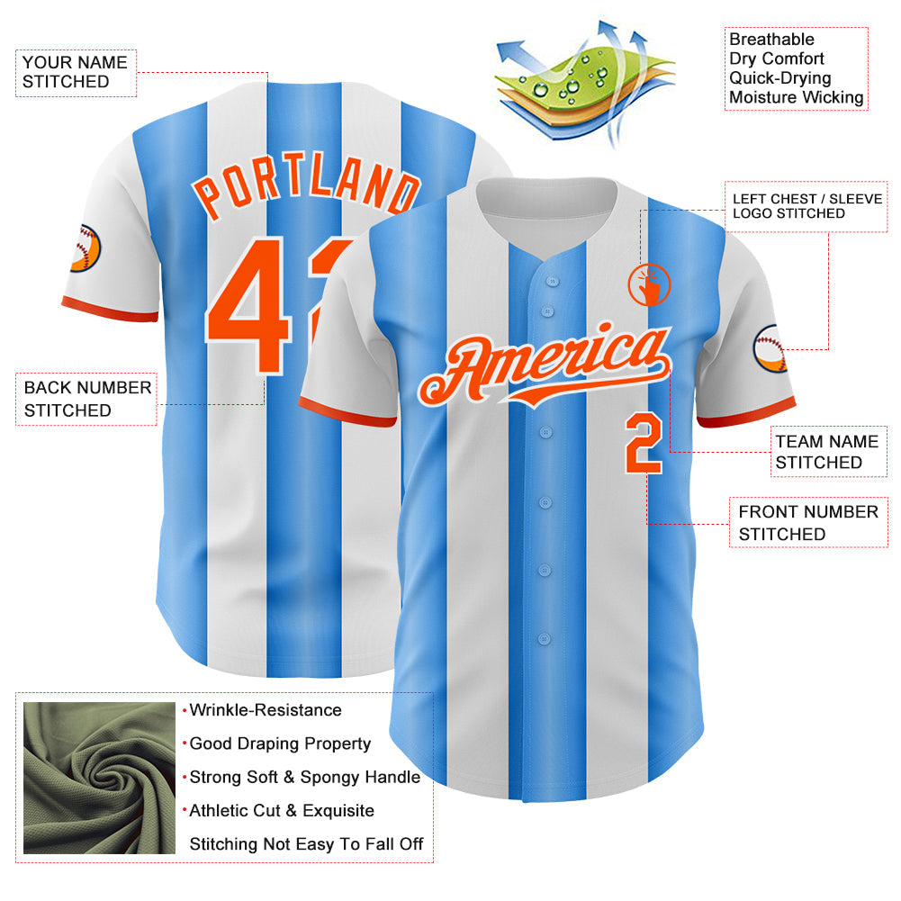 Custom White Orange-Electric Blue Gradient Vertical Stripe Argentina Style Authentic Baseball Jersey view 3
