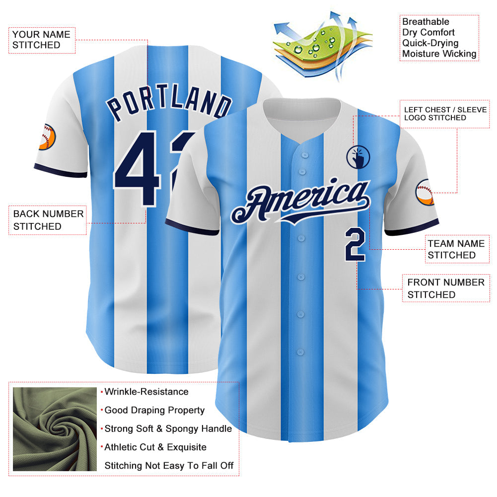 Custom White Navy-Electric Blue Gradient Vertical Stripe Argentina Style Authentic Baseball Jersey view 3