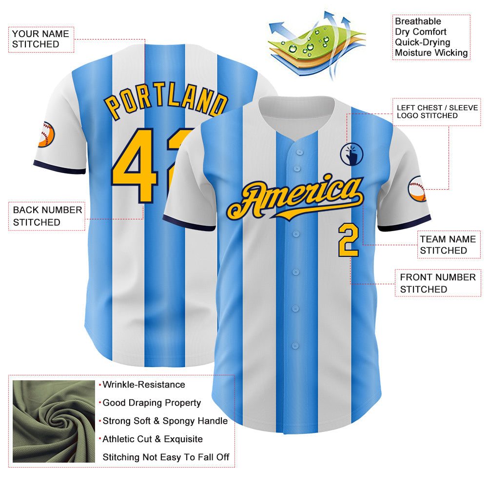 Custom White Gold Electric Blue-Navy Gradient Vertical Stripe Argentina Style Authentic Baseball Jersey view 3