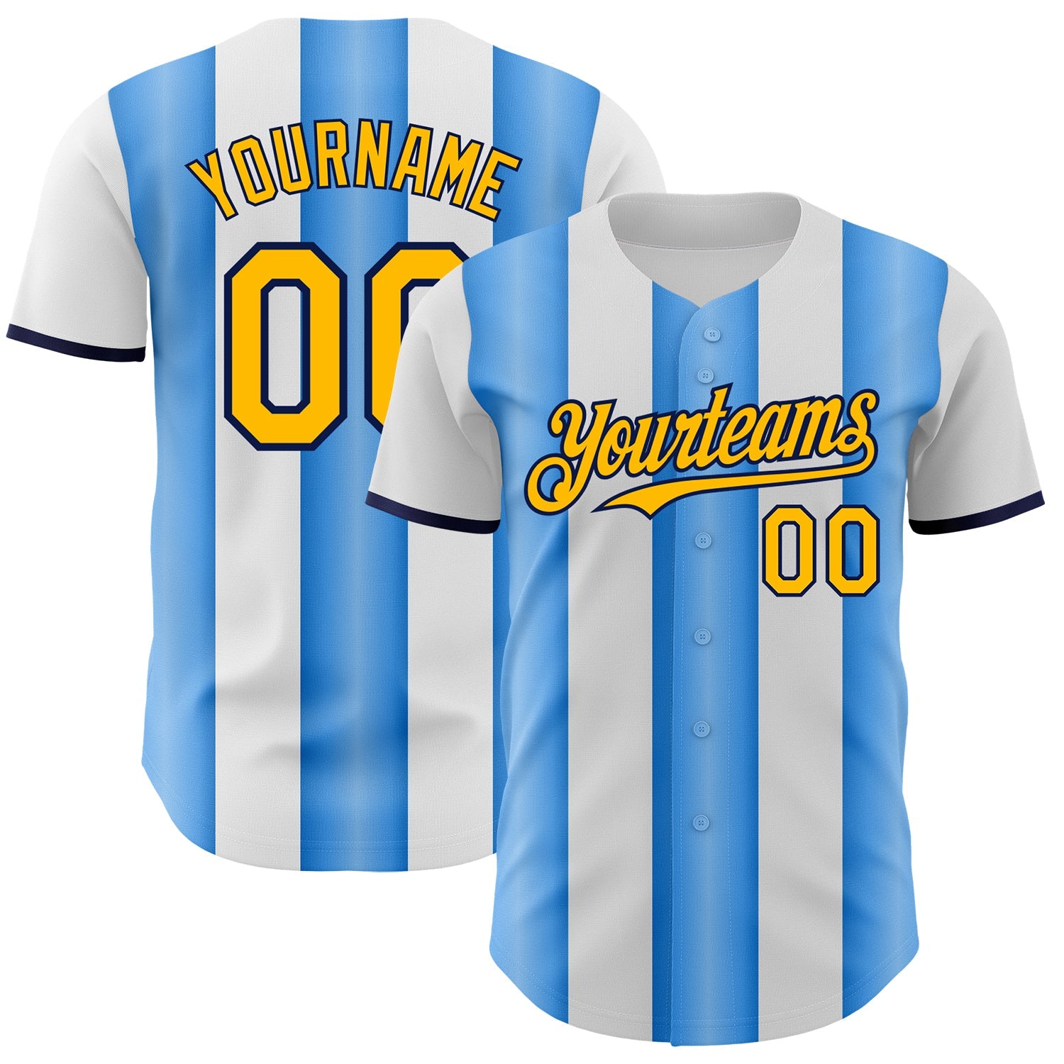 Custom White Gold Electric Blue-Navy Gradient Vertical Stripe Argentina Style Authentic Baseball Jersey - Main View