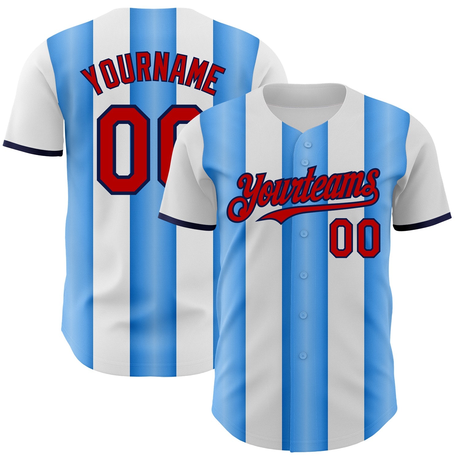Custom White Red Electric Blue-Navy Gradient Vertical Stripe Argentina Style Authentic Baseball Jersey - Main View