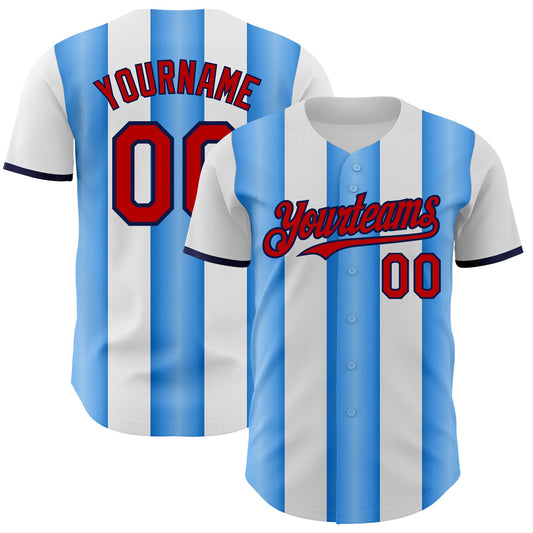 Custom White Red Electric Blue-Navy Gradient Vertical Stripe Argentina Style Authentic Baseball Jersey - Main View