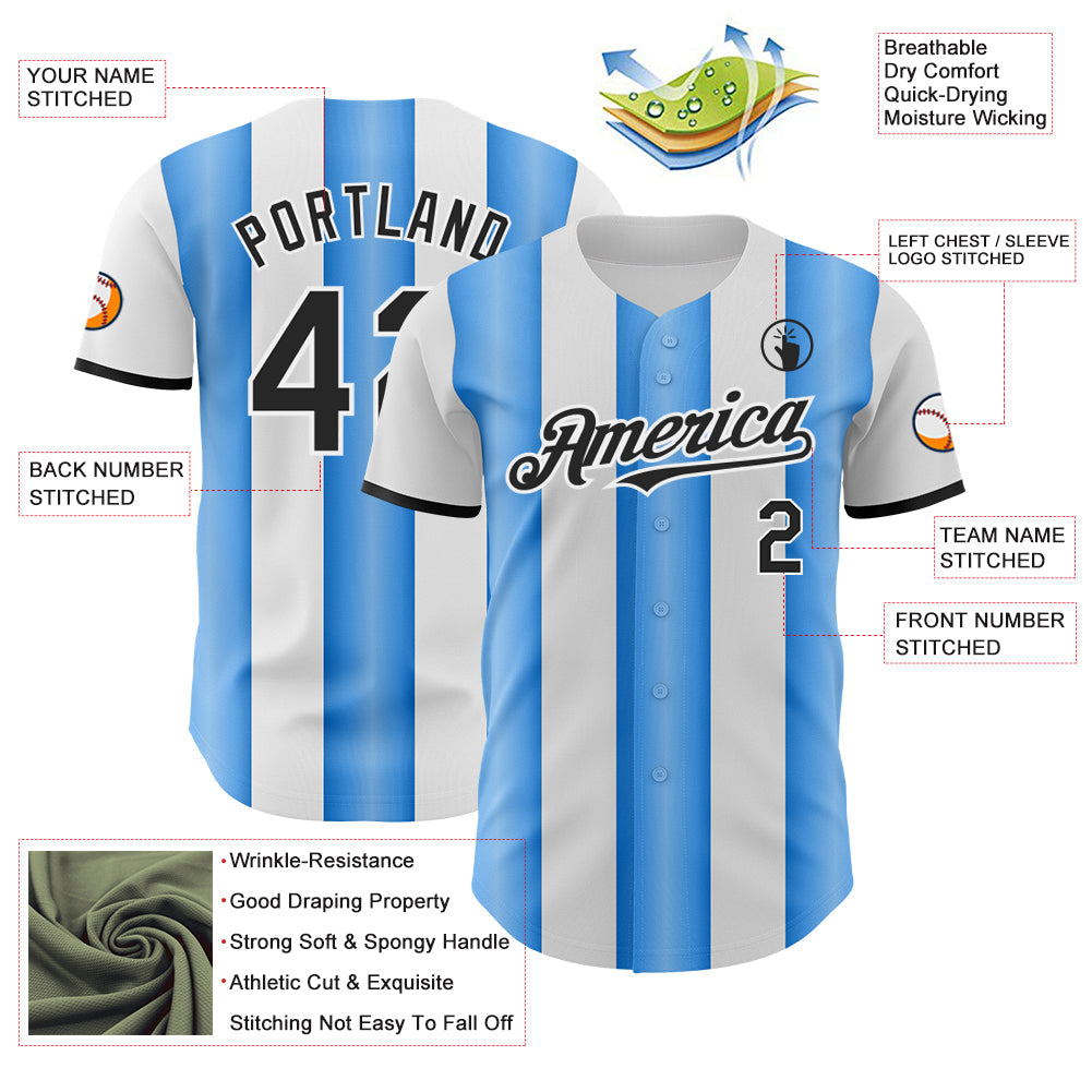 Custom White Black-Electric Blue Gradient Vertical Stripe Argentina Style Authentic Baseball Jersey view 3