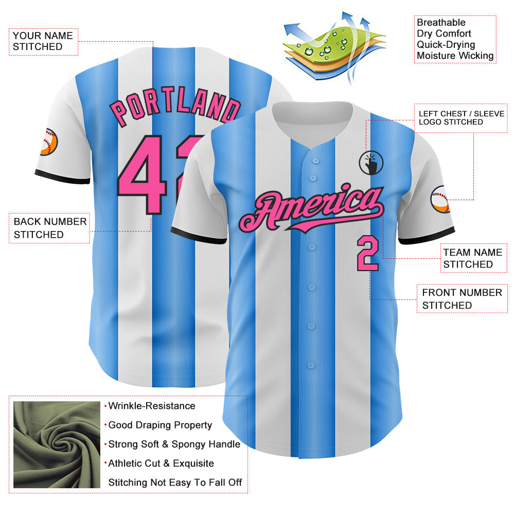 Custom White Pink Electric Blue-Black Gradient Vertical Stripe Argentina Style Authentic Baseball Jersey view 3
