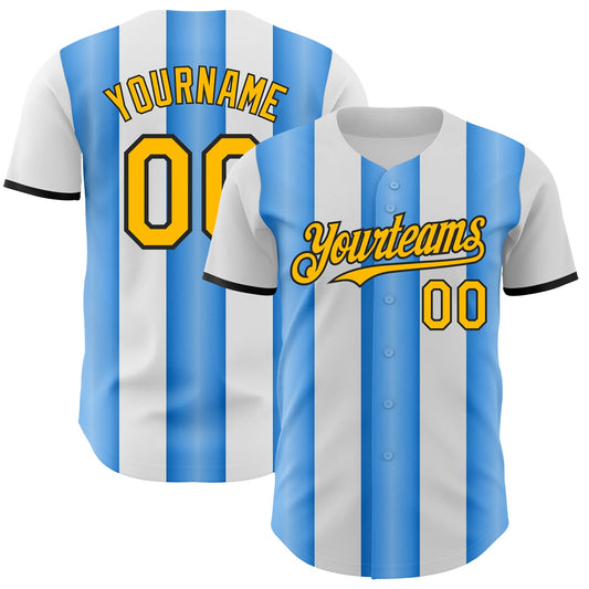 Custom White Gold Electric Blue-Black Gradient Vertical Stripe Argentina Style Authentic Baseball Jersey - Main View