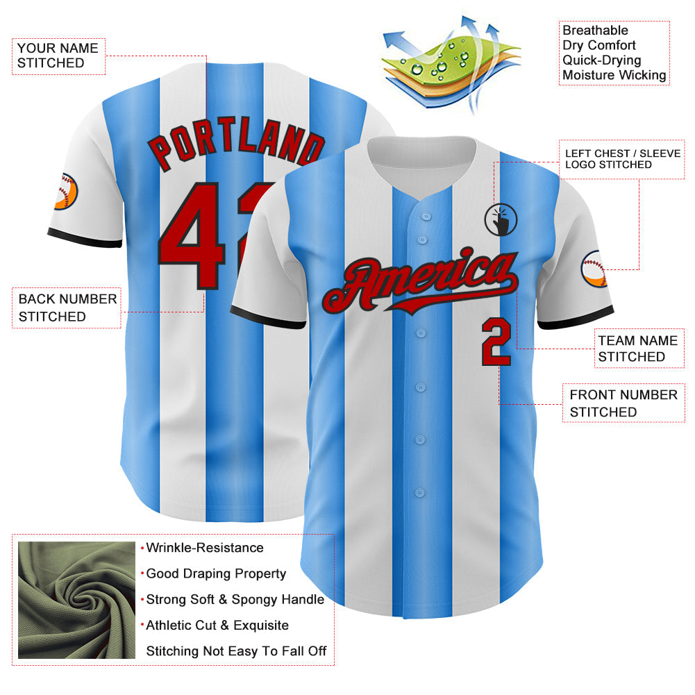 Custom White Red Electric Blue-Black Gradient Vertical Stripe Argentina Style Authentic Baseball Jersey view 3