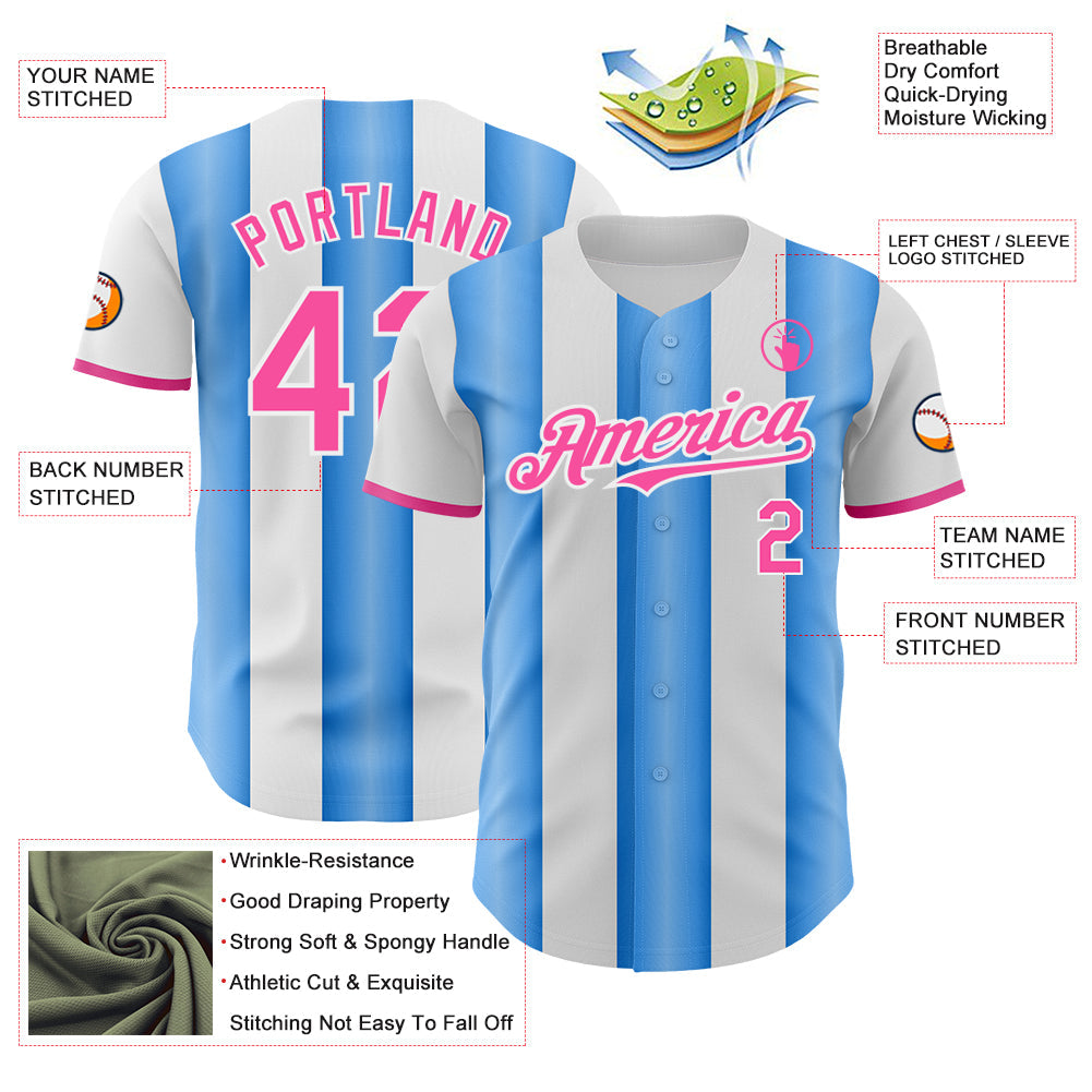 Custom White Pink-Electric Blue Gradient Vertical Stripe Argentina Style Authentic Baseball Jersey view 3