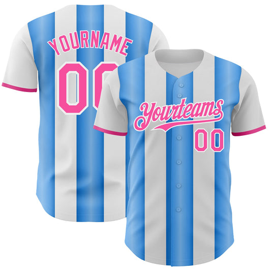 Custom White Pink-Electric Blue Gradient Vertical Stripe Argentina Style Authentic Baseball Jersey - Main View