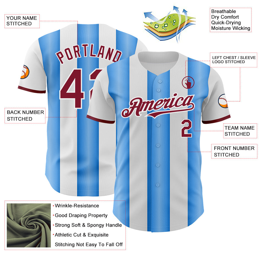 Custom White Crimson-Electric Blue Gradient Vertical Stripe Argentina Style Authentic Baseball Jersey view 3