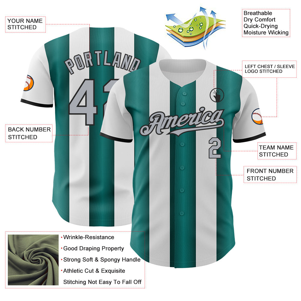Custom White Gray Midnight Green-Black Gradient Vertical Stripe Argentina Style Authentic Baseball Jersey view 3