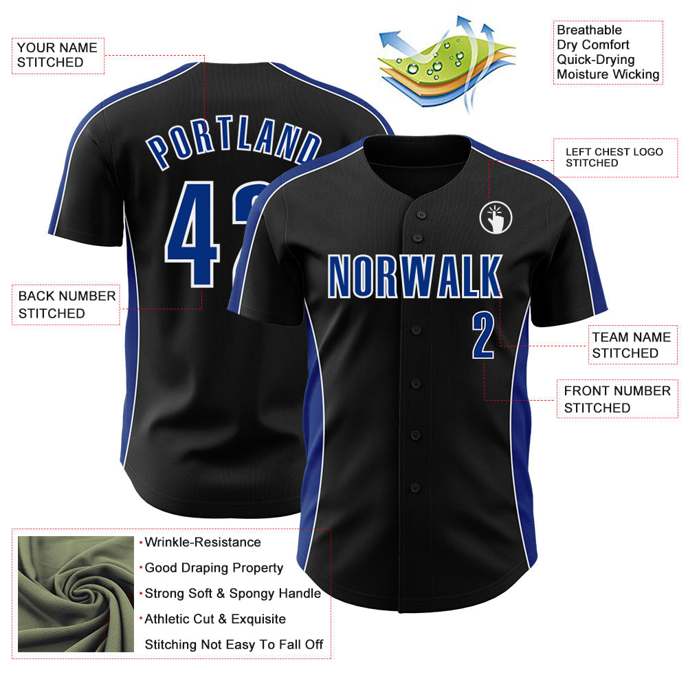 Custom Black Royal-White Classic Color Block Side Panel Stripe Authentic Baseball Jersey view 3