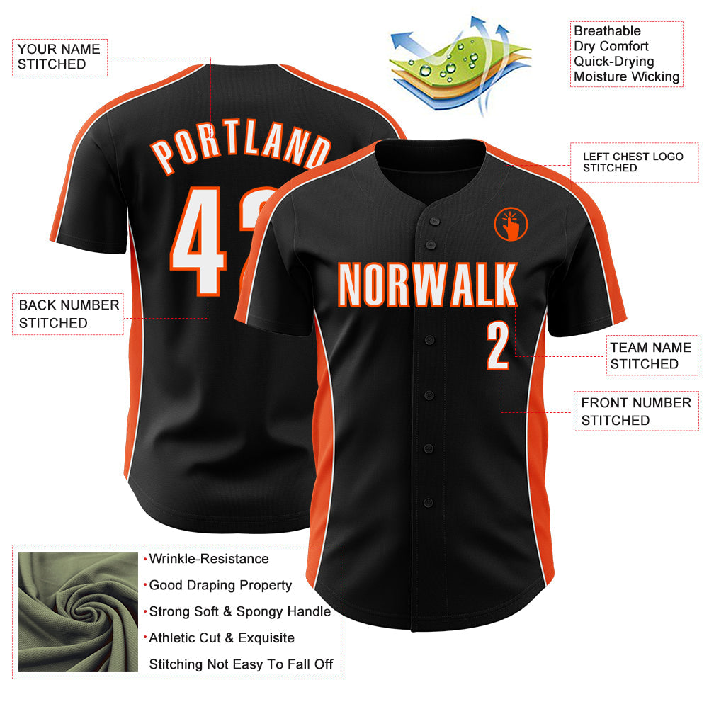 Custom Black White-Orange Classic Color Block Side Panel Stripe Authentic Baseball Jersey view 3