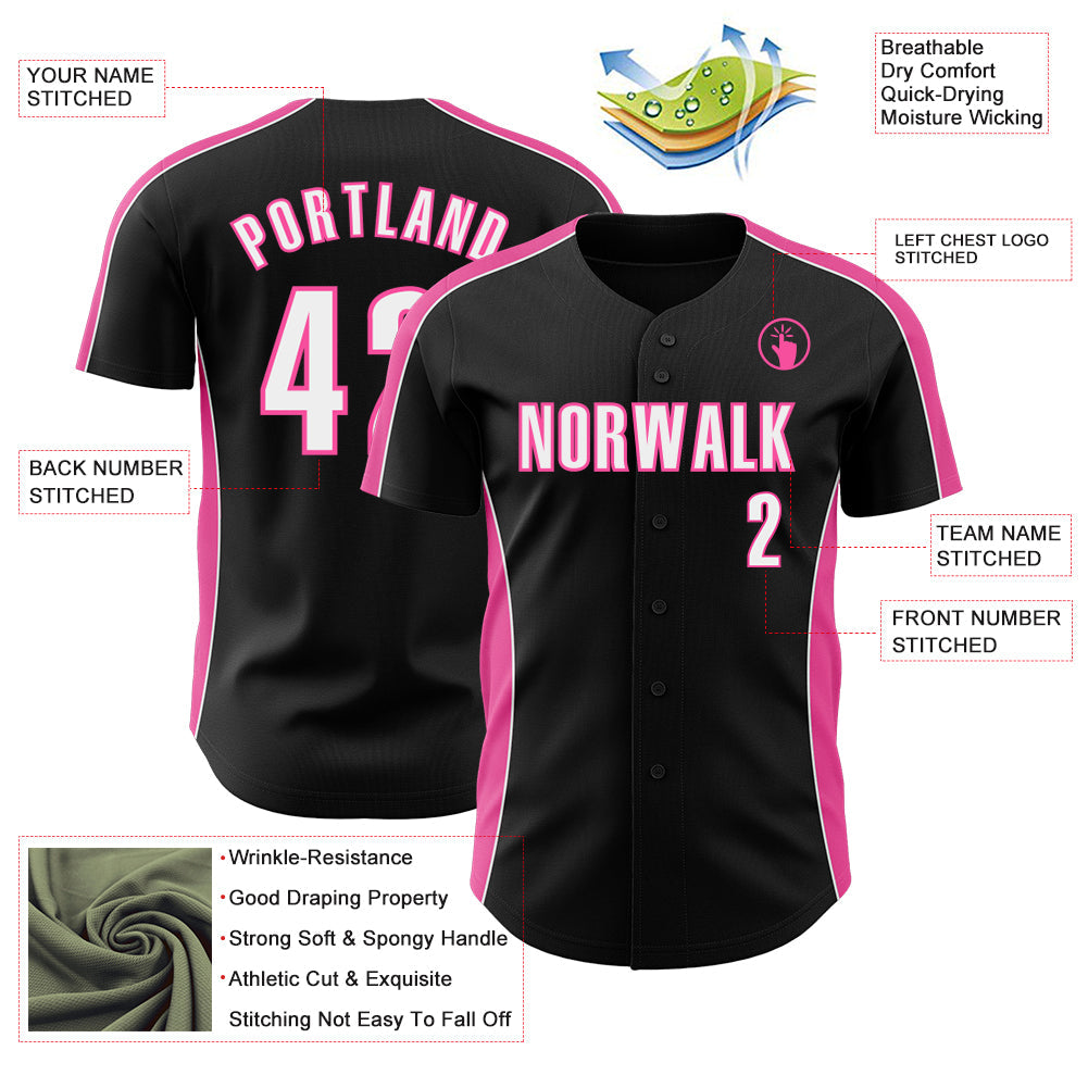 Custom Black White-Pink Classic Color Block Side Panel Stripe Authentic Baseball Jersey view 3
