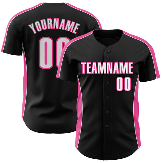 Custom Black White-Pink Classic Color Block Side Panel Stripe Authentic Baseball Jersey - Main View