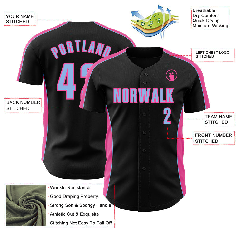 Custom Black Light Blue-Pink Classic Color Block Side Panel Stripe Authentic Baseball Jersey view 3