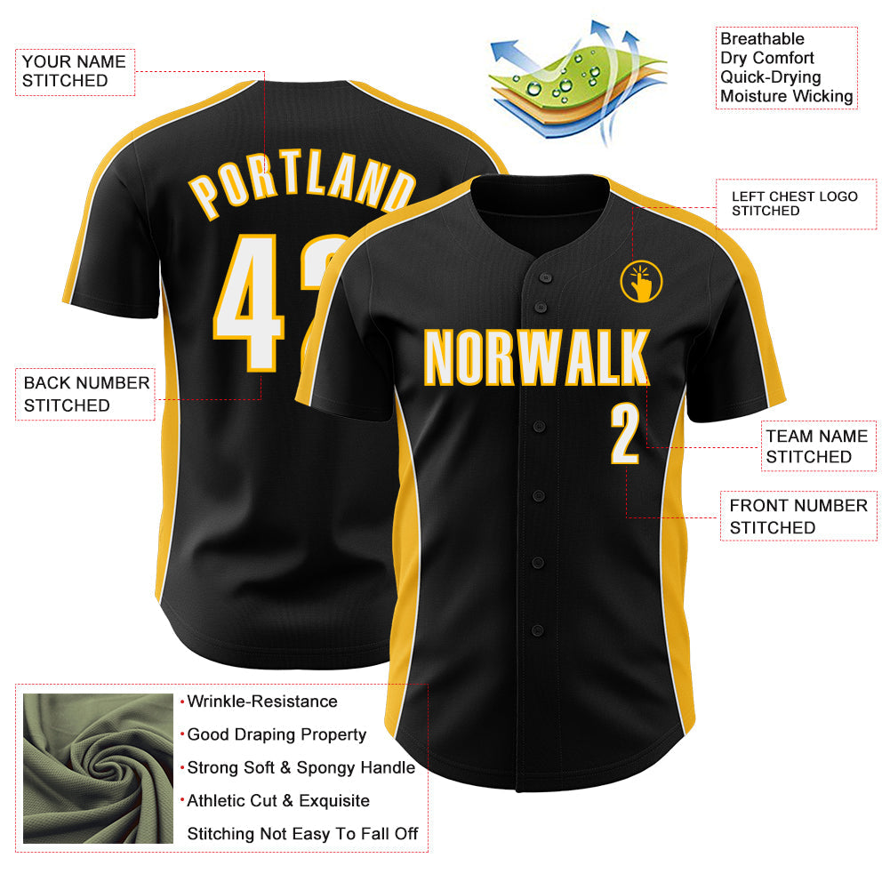 Custom Black White-Gold Classic Color Block Side Panel Stripe Authentic Baseball Jersey view 3