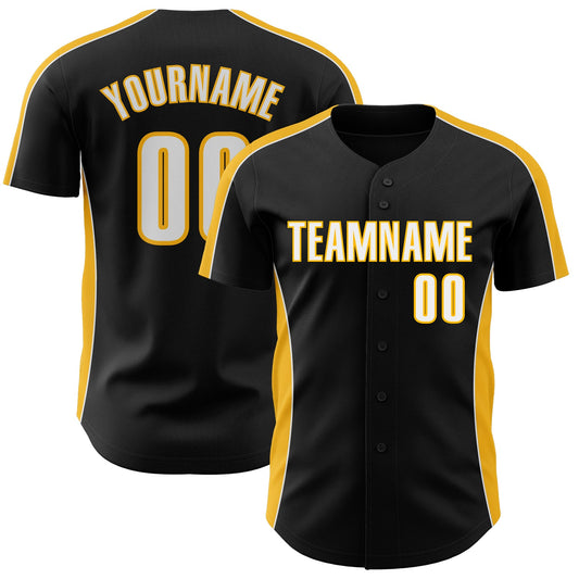 Custom Black White-Gold Classic Color Block Side Panel Stripe Authentic Baseball Jersey - Main View