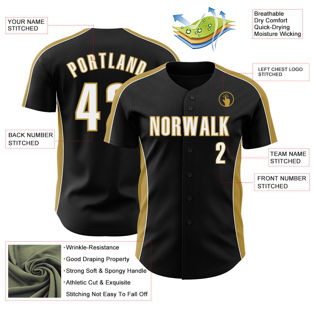 Custom Black White-Old Gold Classic Color Block Side Panel Stripe Authentic Baseball Jersey view 3