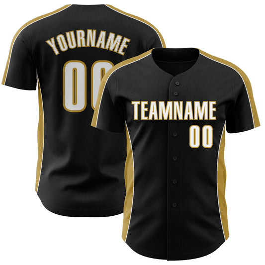 Custom Black White-Old Gold Classic Color Block Side Panel Stripe Authentic Baseball Jersey - Main View