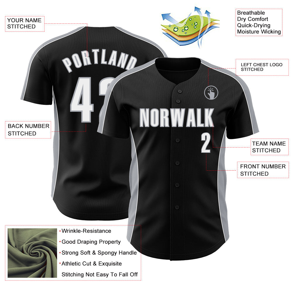 Custom Black White-Gray Classic Color Block Side Panel Stripe Authentic Baseball Jersey view 3
