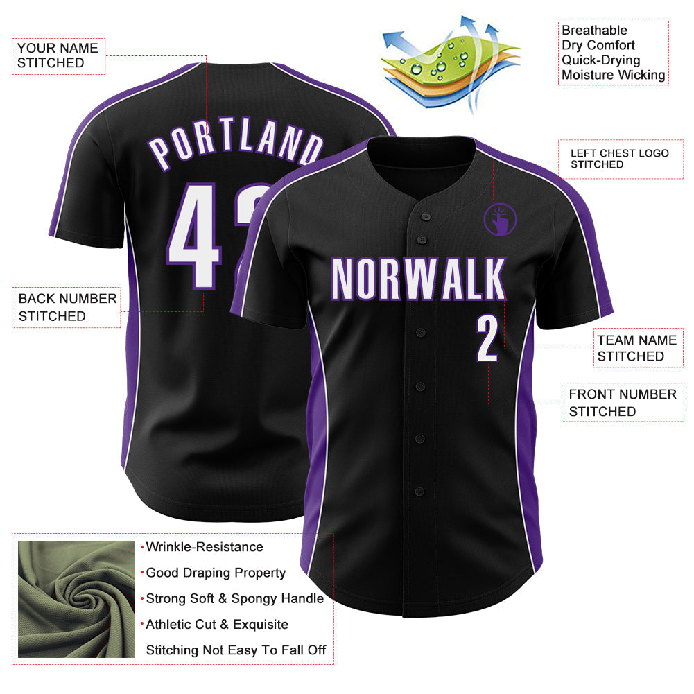Custom Black White-Purple Classic Color Block Side Panel Stripe Authentic Baseball Jersey view 3