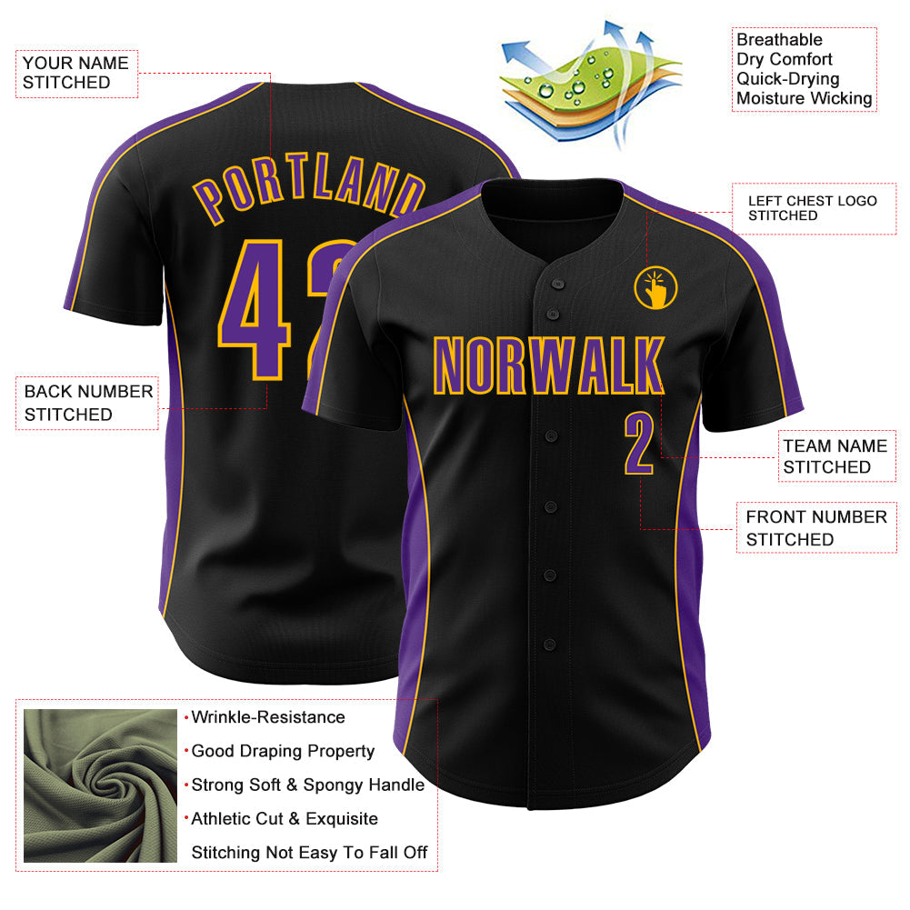 Custom Black Purple-Gold Classic Color Block Side Panel Stripe Authentic Baseball Jersey view 3