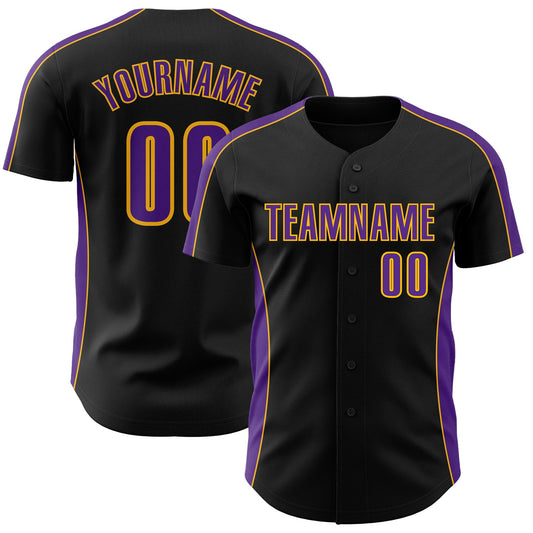 Custom Black Purple-Gold Classic Color Block Side Panel Stripe Authentic Baseball Jersey - Main View