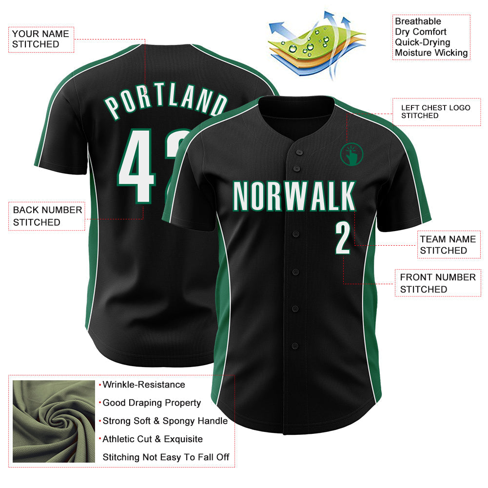Custom Black White-Kelly Green Classic Color Block Side Panel Stripe Authentic Baseball Jersey view 3