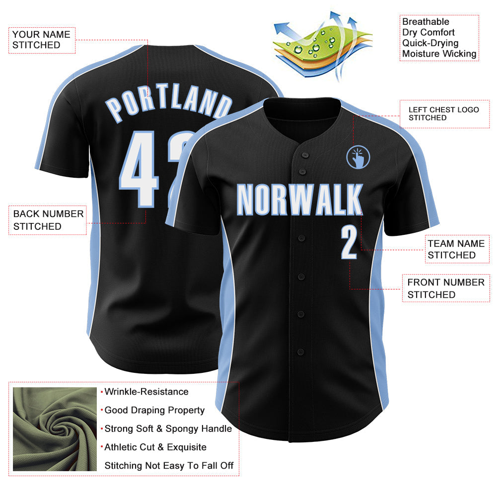 Custom Black White-Light Blue Classic Color Block Side Panel Stripe Authentic Baseball Jersey view 3