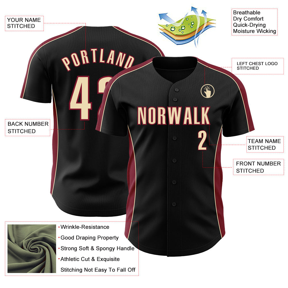 Custom Black Cream-Crimson Classic Color Block Side Panel Stripe Authentic Baseball Jersey view 3