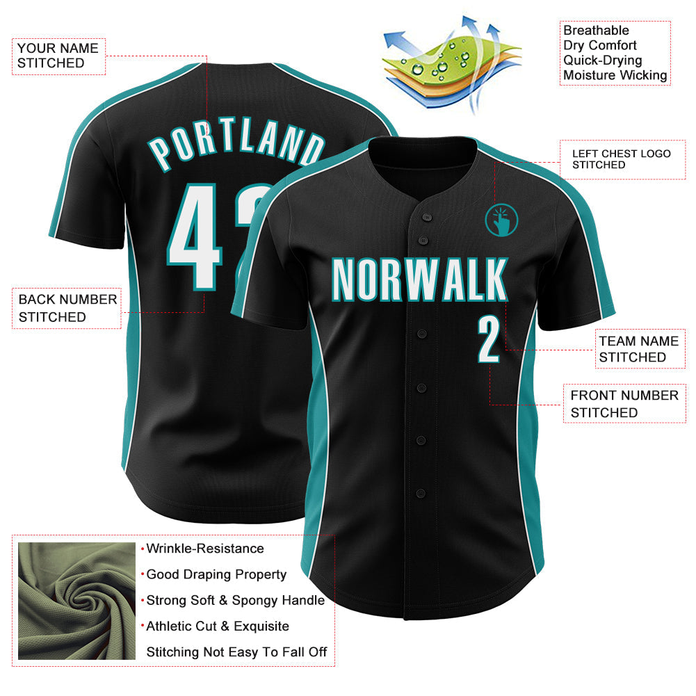 Custom Black White-Teal Classic Color Block Side Panel Stripe Authentic Baseball Jersey view 3