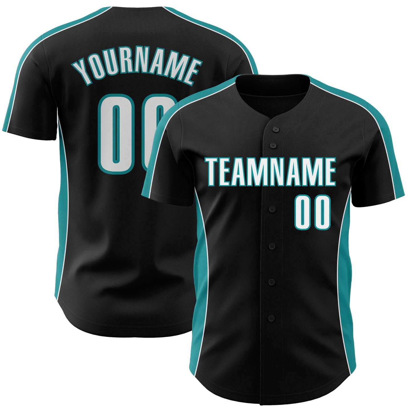 Custom Black White-Teal Classic Color Block Side Panel Stripe Authentic Baseball Jersey - Main View
