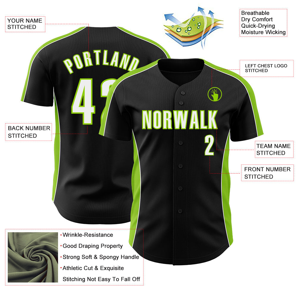 Custom Black White-Neon Green Classic Color Block Side Panel Stripe Authentic Baseball Jersey view 3
