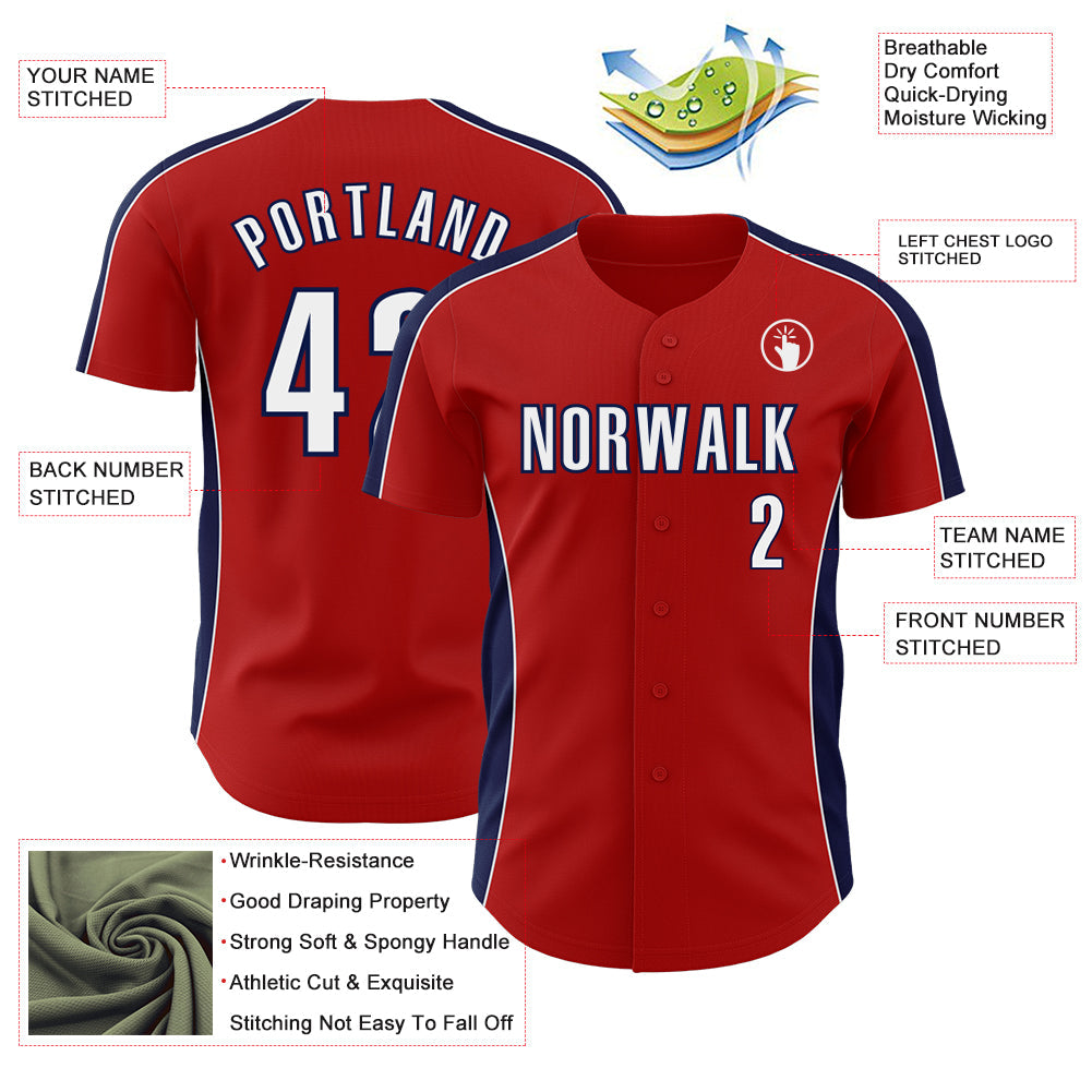 Custom Red White-Navy Classic Color Block Side Panel Stripe Authentic Baseball Jersey view 3