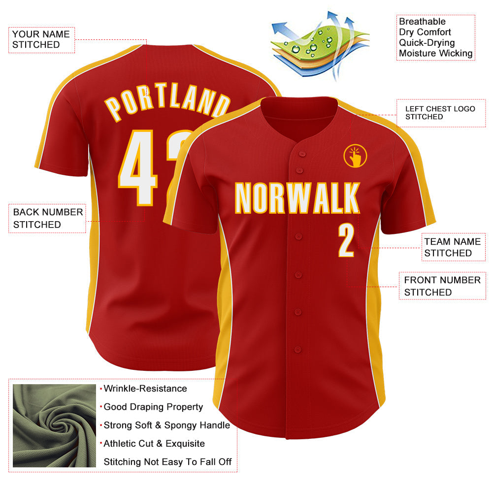 Custom Red White-Gold Classic Color Block Side Panel Stripe Authentic Baseball Jersey view 3