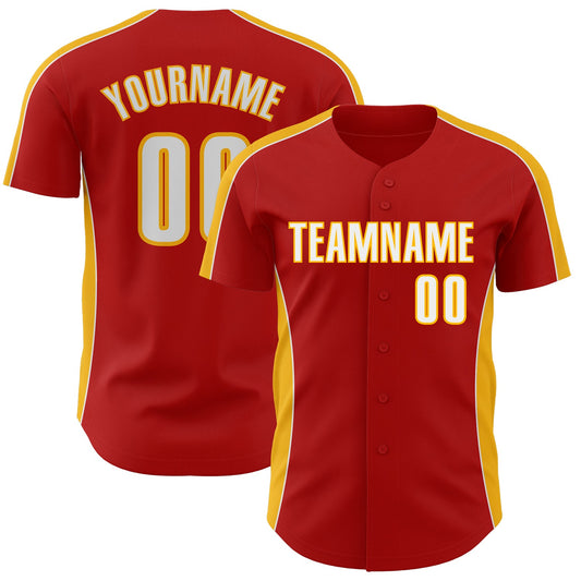 Custom Red White-Gold Classic Color Block Side Panel Stripe Authentic Baseball Jersey - Main View