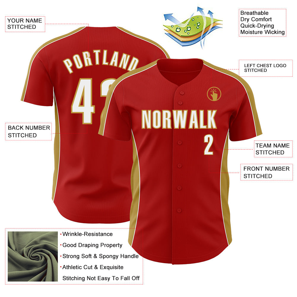 Custom Red White-Old Gold Classic Color Block Side Panel Stripe Authentic Baseball Jersey view 3
