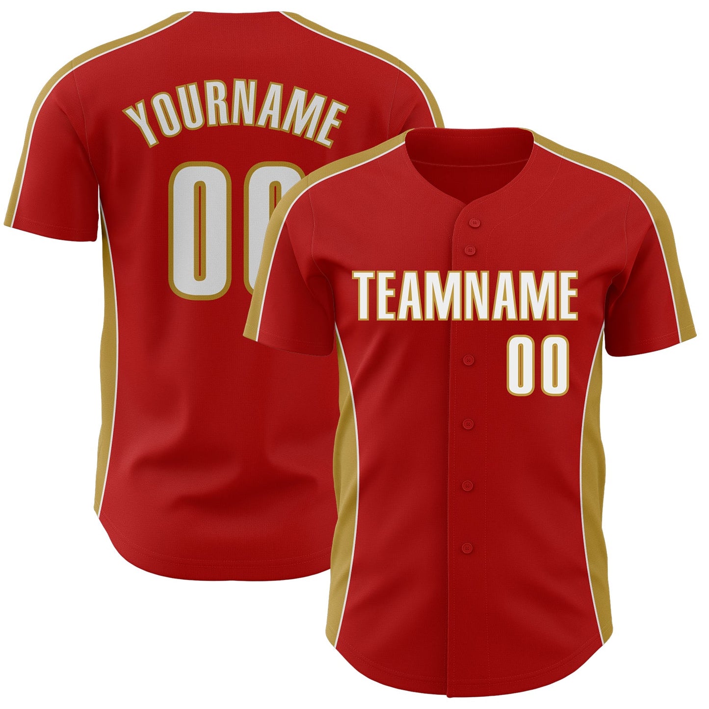 Custom Red White-Old Gold Classic Color Block Side Panel Stripe Authentic Baseball Jersey - Main View